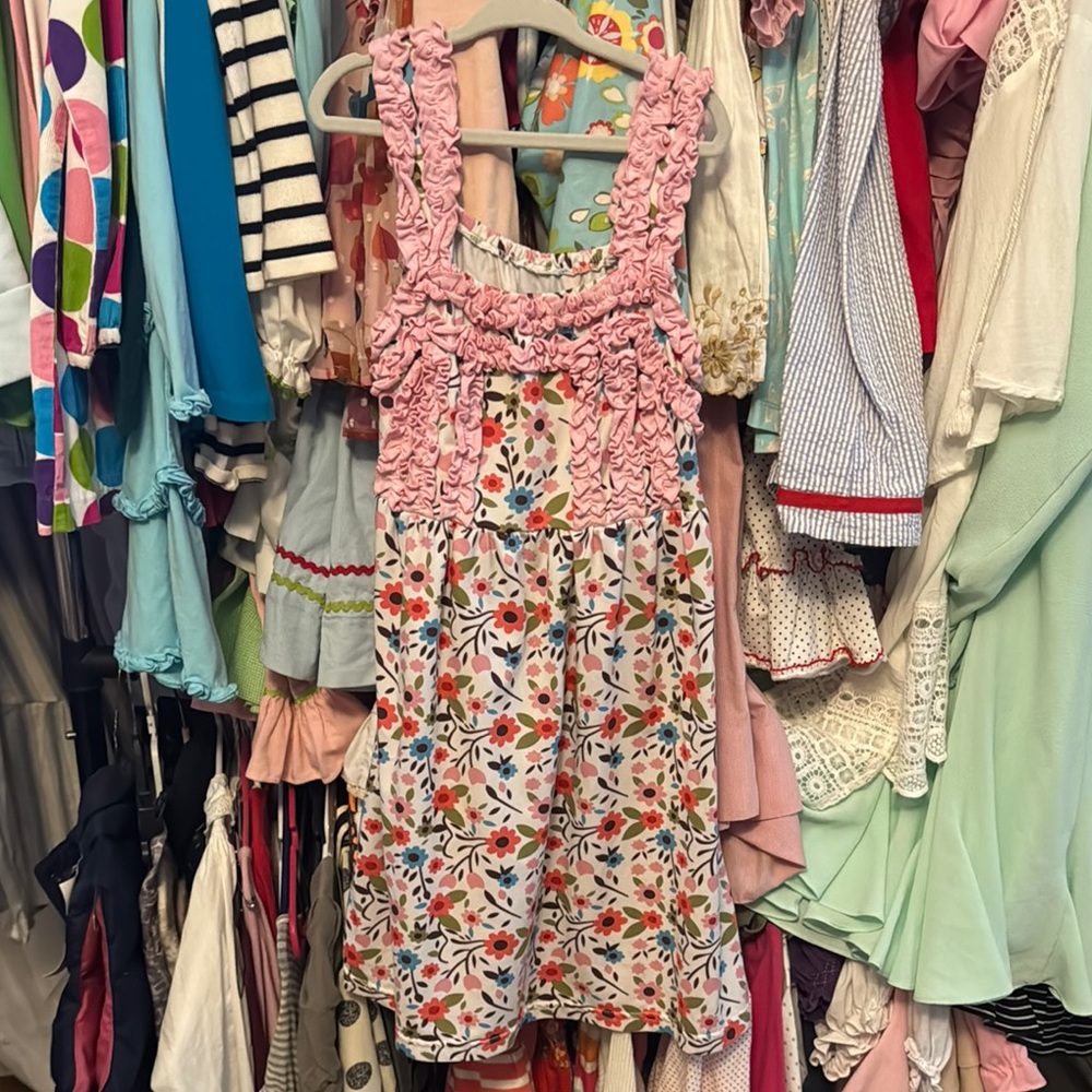 Pink and White Casual Sundress with Short Sleeves and Square Neck